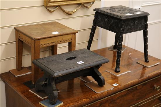 A chip carved stool and two others W.37cm, 30cm, 28cm